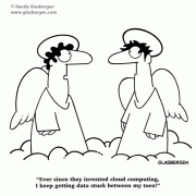 computer cartoons, angel cartoons, technology cartoons, Ever since they invented cloud computing, I keep getting data stuck between my toes!