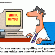 Computer Cartoons, Office Technology Cartoons: digital information processing, digital information management, office equipment, office machines, coping with office machines, coping with office technology, ethics, computer, spell-checker, word processor, morality.