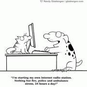 Dog Cartoons: Internet radio, dog on computer.