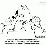 Dog cartoons, restaurant, menu, dog food, dog treats, dog nutrition, waiter, dog dating, romance, breeding.