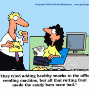 Coffee Break Cartoons: cartoons about snacking at work,  wellness, wellness program, vending machine, break room, office kitchen, candy bars, healthy snacks, office snacking, eating at work, fruit.