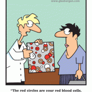 Coffee Break Cartoons: cartoons about snacking at work, coffee comics, coffee jokes, refreshment, donut, doughtnut, pastry, diabetes, diabetic, blood glucose, A1C,  high-blood sugar, blood cells, blood analysis, too many donuts.
