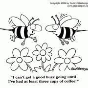Coffee Break Cartoons: cartoons about snacking at work,  coffee comics, coffee cartoons, cartoons about coffee drinkers, coffee jokes, refreshment, bees, bugs, insect, coffee buzz, caffeine.