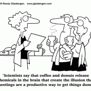 Coffee Break Cartoons: coffee comics, coffee cartoons, cartoons about coffee drinkers, coffee jokes, refreshment, brain chemistry, donut, doughnuts, business meetings, productivity, caffeine.