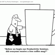 Coffee Break Cartoons: cartoons about snacking at work,  coffee cartoons, cartoons about coffee drinkers, coffee comics, coffee jokes, productivity seminar, door prize, supersize, refreshment, productivity, large coffee, caffeine, giant coffee cup.