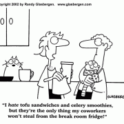Coffee Break Cartoons: cartoons about snacking at work,  coffee comics, coffee jokes, bad coworkers, coworkers who steal food, refreshment, break room, stealing food at work, eating at work, smoothie, office snacking.