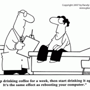 Coffee Break Cartoons: cartoons about snacking at work, coffee comics, coffee cartoons, cartoons about coffee drinkers, coffee jokes, reboot, doctor, refreshment, coffee addiction, caffeine, giving up coffee, cold turkey.
