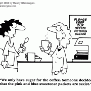 Coffee Break Cartoons: coffee comics,coffee cartoons, cartoons about coffee drinkers,  cartoons about snacking at work, coffee jokes, refreshment, sugar, artificial sweetener, condiments, sexist, sexism, blue sweetener, pink sweetener.