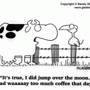 Coffee Break Cartoons: cartoons about snacking at work, coffee comics, coffee jokes, refreshment, cow jumped over the moon, too much coffee, coffee buzz.