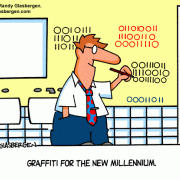 Computer Cartoons, Office Technology Cartoons: digital information processing, digital information management, office equipment, office machines, coping with office machines, coping with office technology,graffiti, digital code, binary code.