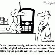 Computer Cartoons, Office Technology Cartoons: digital information processing, digital information management, office equipment, office machines, coping with office machines, coping with office technology,cool cell phone, coolness factor, choosing a mobile phone, mobile phones.