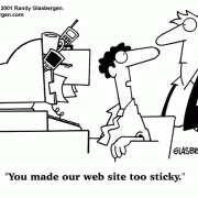 Computer Cartoons, Office Technology Cartoons: digital information processing, digital information management, office equipment, office machines, coping with office machines, coping with office technology, cartoon about sticky web site, retaining customers, Internet customers.