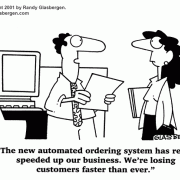 Computer Cartoons, Office Technology Cartoons: digital information processing, digital information management, office equipment, office machines, coping with office machines, coping with office technology, automation, losing customers, Internet sales, cartoon about secure website, cartoon about order form, cartoons about selling online.