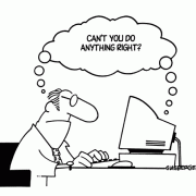 Computer Cartoons, Office Technology Cartoons: digital information processing, digital information management, office equipment, office machines, coping with office machines, coping with office technology, can\'t you do anything right? (black and white version)