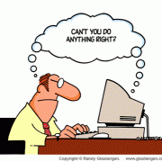 Computer Cartoons, Office Technology Cartoons: digital information processing, digital information management, office equipment, office machines, coping with office machines, coping with office technology, old computers, frustrating computers, can\'t you do anything right?