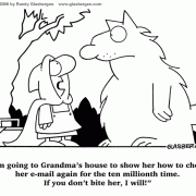 Computer Cartoons: home computer, home media center, computer desk, personal computer, family PC, family tech support,  Red Riding Hood, tech support, family computer, computer support, grandma's tech support.