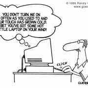 Computer Cartoons: home computer, home media center, computer desk, personal computer, family computer, family PC,jealousy, desktop computer, laptop computer.