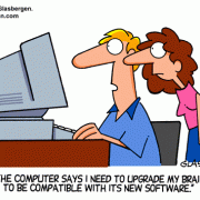 Computer Cartoons: home computer, home media center, computer desk, personal computer, family computer, family PC,software upgrades, software compatability.