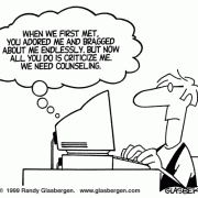 Computer Cartoons: home computer, home media center, computer desk, personal computer, family computer, family PC, criticism, unhappy with computer, old computer. 
