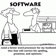 Computer Cartoons: home computer, home media center, computer desk, personal computer, family computer, family PC,spell-checker, word processor, husband, marriage.