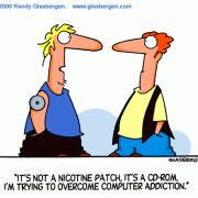 Computer Cartoons: home computer, home media center, computer desk, personal computer, family computer, family PC,medical patch, computer addiction, Internet addiction.