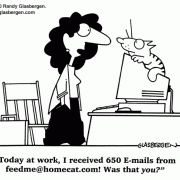 Computer Cartoons: home computer, home media center, computer desk, personal computer, family computer, family PC, spam, cat, cats, cat on computer.