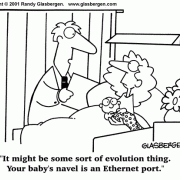 Computer Cartoons: home computer, home media center, computer desk, personal computer, family computer, family PC, ethernet, computer cables, baby, babies, giving birth, maternity.
