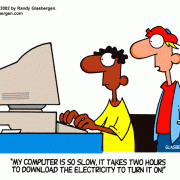 Computer Cartoons: home computer, home media center, computer desk, personal computer, family computer, family PC, slow computer, booting up.