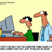 Computer Cartoons: home computer, home media center, computer desk, personal computer, family computer, family PC, spam, deleting spam, children on Internet.