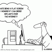 Computer Cartoons: home computer, home media center, computer desk, personal computer, family computer, family PC,flat screen, monitor, breast implants, cosmetic surgery.