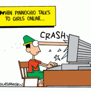 Social Networking Cartoons: cartoons about social networking, when Pinocchio talks to girls online, chat rooms, Facebook chat, cartoons about chatting online, Internet honesty, cartoons about Facebook profiles.