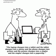The laptop changes into a tablet and the tablet changes into a phone and the phone changes into a printer and the printer changes into a stapler and the stapler changes into a paperclip.