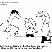 Diabetes Cartoons: cartoons about diabetes,diabetes comics, diabetes humor, diabetes care, diabetes lifestyle, diabetes tratment, diabetic, testing finger prick, sleeping beauty