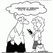 Digital Lifestyle Cartoons: cartoon about upgrading wireless plan, wireless calling plans, telepathy. 