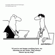 Dog Cartoons: happiness, unhappy at work, dog bad habits.
