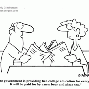 Education Cartoons: free education, free college, government, taxes, beer, pizza, tuition, socialism, state college, state university.
