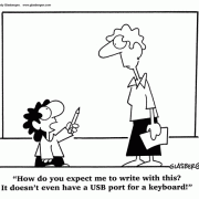 Education Cartoons: cartoons about teachers, school cartoons, classroom humor, cartoons about homework, classes, lessons, students, class assignments, USB, writing, keyboard, education technology, handwriting, pencils, pens.