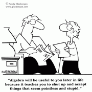 Education Cartoons: cartoons about teachers, school cartoons, classroom humor, cartoons about homework, classes, lessons, students, class assignments, algebra, pointless and stupid, math, father, son, homework help.