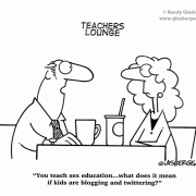 Education Cartoons: cartoons about teachers, school cartoons, classroom humor, cartoons about homework, classes, lessons, students, class assignments, sex education, biology teacher, sex education teacher, reproduction, blogging, twittering, teacher\'s lounge.