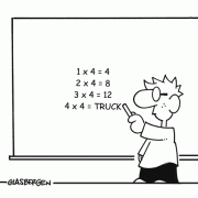 Education Cartoons: cartoons about teachers, school cartoons, classroom humor, cartoons about homework, classes, lessons, students, class assignments, math, multiply, multiplication, 4x4, truck.