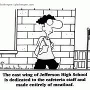 Education Cartoons: cartoons about teachers, school cartoons, classroom humor, school building, school cafeteria, meatloaf.