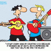 Education Cartoons: cartoons about teachers, school cartoons, classroom humor, cartoons about homework, classes, lessons, students, class assignments, learning, math, math class, the blues, singing the blues, math student, guitar player, music, musician.