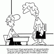 If I work hard, I'll get good grades. If I get good grades, I'll go to a top college. If I go to a top college, I'll get a great job. If I get a great job, I'll make a lot of money. If I make a lot of money, everyone will hate me. That's why I didn't do my homework.