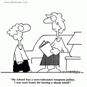 Education Cartoons: cartoons about teachers, school cartoons, classroom humor, cartoons about homework, classes, lessons, students, class assignments, school discipline, school safety, weapons in school, zero tolerance, sharp mind, weapons, guns in school, school security, school police, security officer.