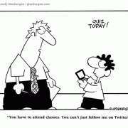 Education Cartoons: elementary school, elementary education, grade school, elementary school teachers, young students, pre-teen students, attendence, truancy, truant, Twitter, cell phones in school, skipping class, playing hookey.