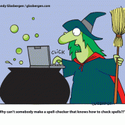 Holiday Comics and Cartoons: Halloween, witch, spells, spell-checker, cauldron.