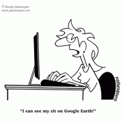 Computer Cartoons: home computer, home media center, computer desk, personal computer, family computer, family PC, teen on computer, google earth, pimples, zits, privacy, Internet privacy.