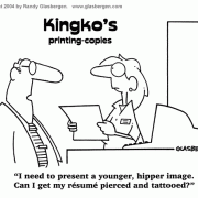 Job Interview Cartoons, HR Cartoons: career development cartoons,  human resources, HR manager, job search, career placement, employment, seeking employment, job opportunities, job recruiting, job positions, career opportunity, looking for work, younger, hipper, piercing, tattoo, looking for a job,how to create an impressive resumé.