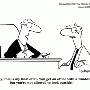 Job Interview Cartoons, HR Cartoons: career development cartoons,  human resources, HR manager, job search, career placement, employment, seeking employment, job opportunities, job recruiting, job positions, career opportunity, looking for work, office with a window, cubicle, looking for a job, final offer, negotiating, job negotiation.