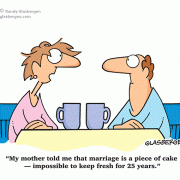My mother told me that marriage is a piece of cake –– impossible to keep fresh for 25 years.